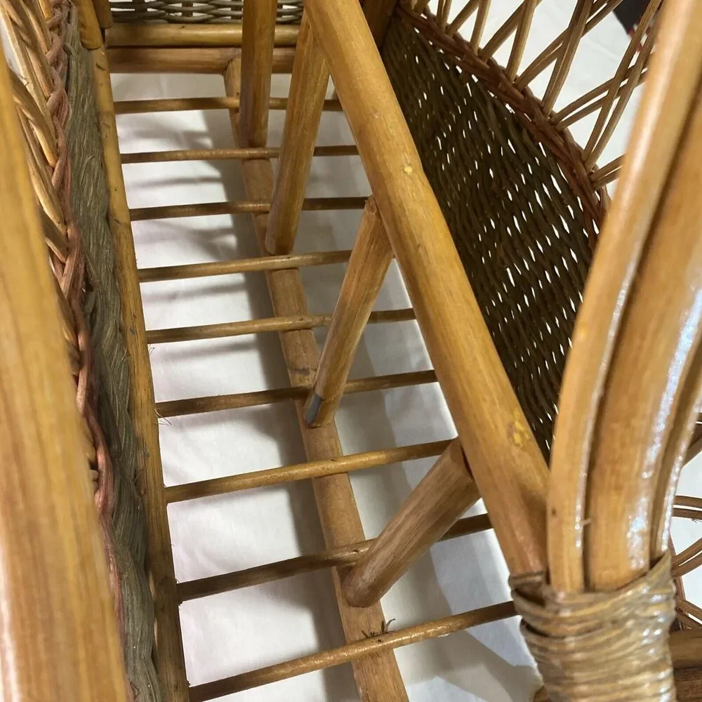 VTG Bent Wood Rattan‎ Bamboo Rack Holder Magazine Towel MCM Boho Decor 19X10x18